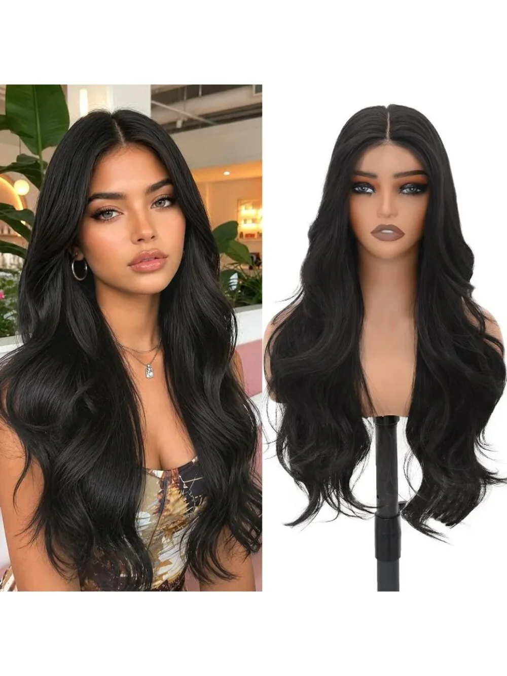 Women's 26 Inch Natural Black Long Wavy Synthetic Glue Less 4x4 Lace Front Wig
